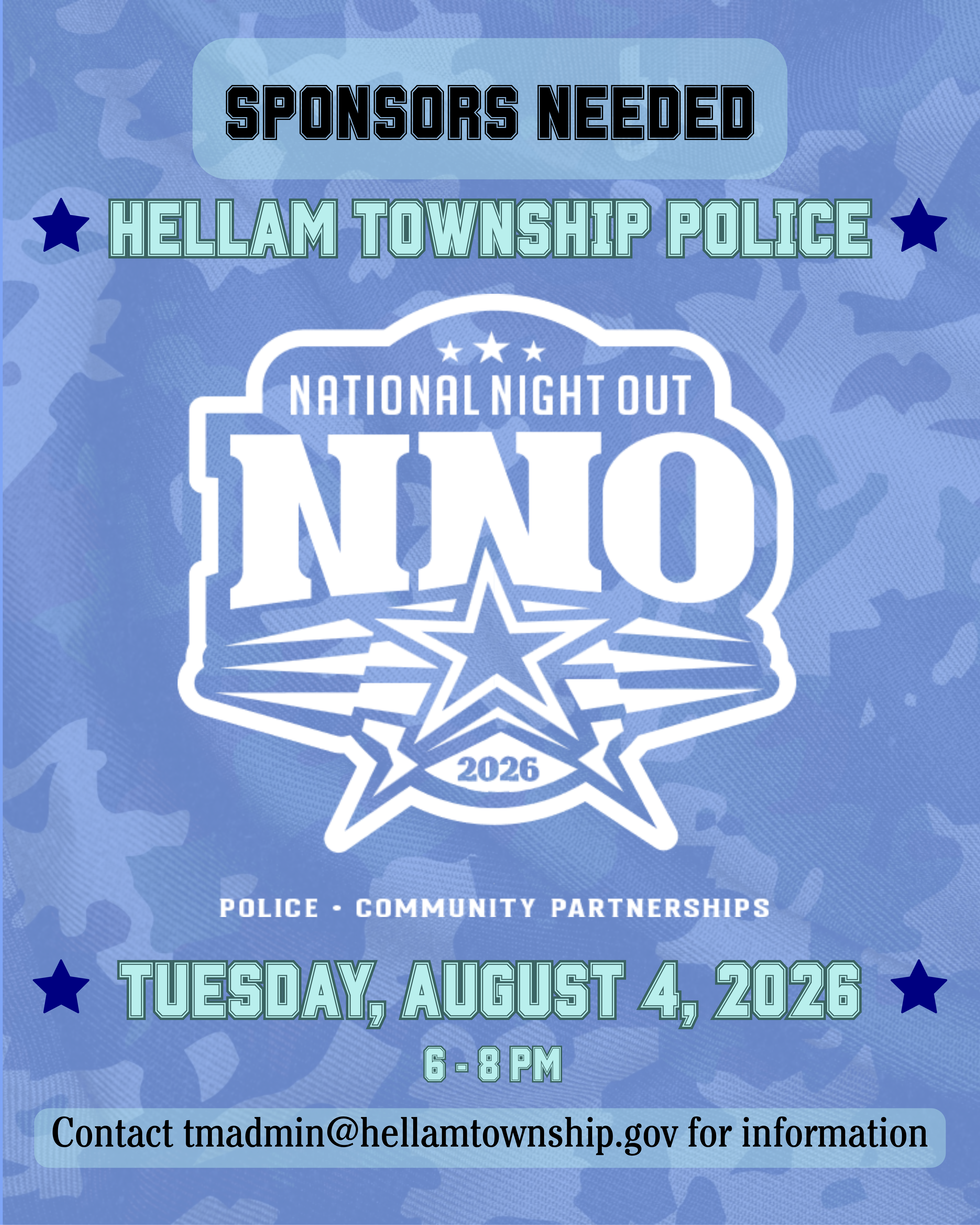 National Night Out promotional poster for Hellam Township 2026 calling for sponsors 